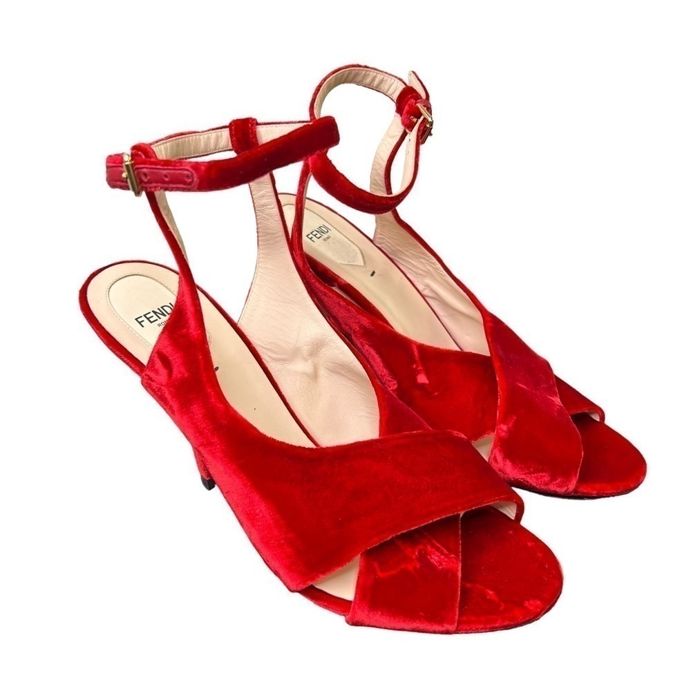 Fendi, Red Velvet Ankle Strap Shoe.  8